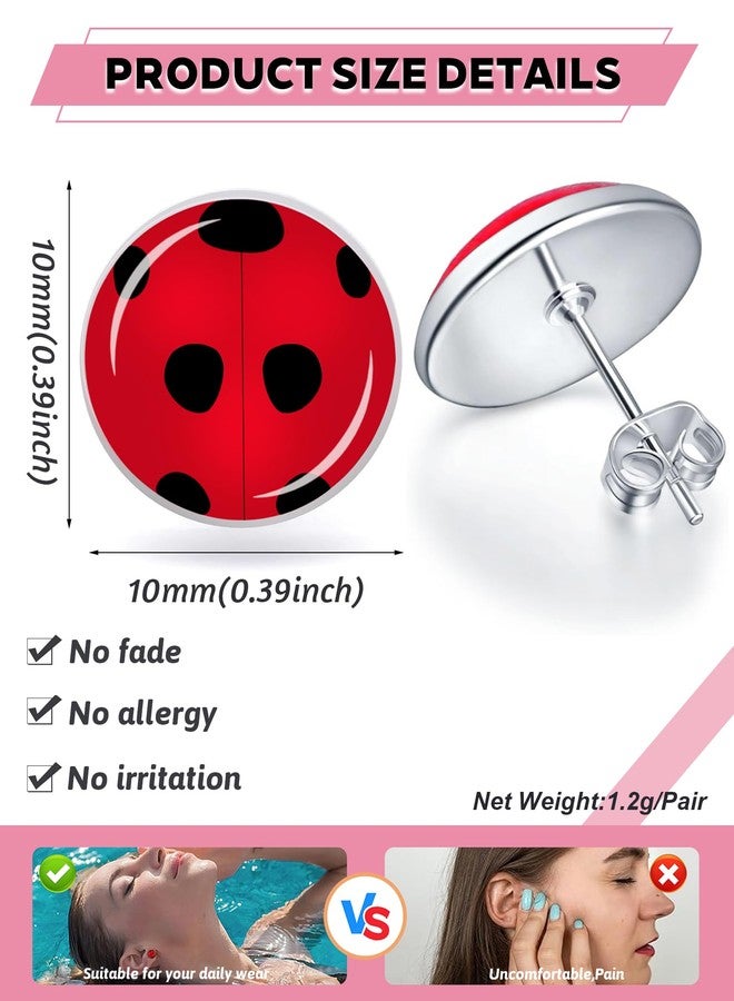 SIISPRI 6Pairs Ladybug Women Earrings Set Cute Bug Little Ladybird Earrings Round Circle Button Stud Post Earrings 10MM (Silver) - Image 3